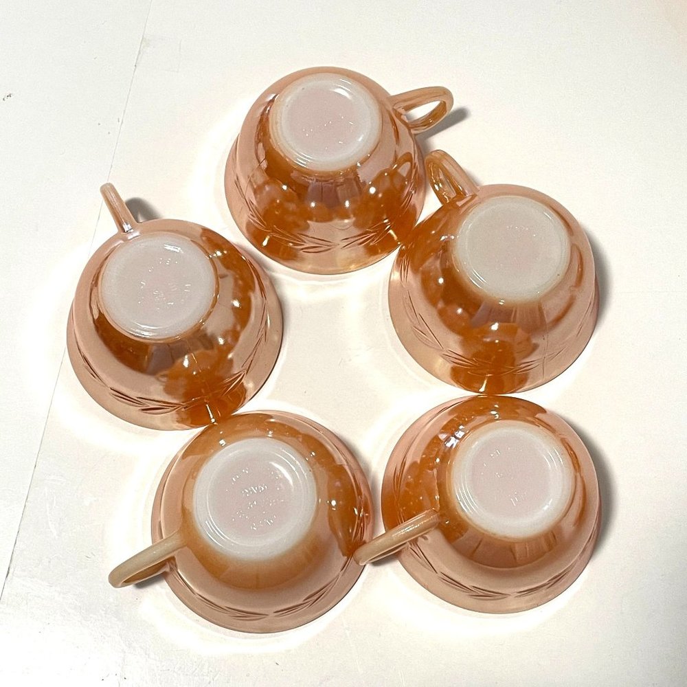 Vintage Fire King Peach Lustre Laurel Leaf Iridescent Cups and Saucers Set of 5 - Picture 3 of 16
